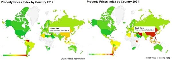 (왼쪽부터) 대한민국 2017년 PIR(소득 대비 집값), 2021년 PIR. 푸른색에서 붉은색으로 바뀌었다. 붉을수록 다른 국가에 비해 PIR이 높은 수준이다. 넘베오 캡처 ⓒ 시사오늘