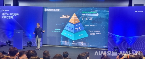 유영상 SK텔레콤 대표이사가 ‘AI 피라미드 전략’에 대해 설명 중이다. ⓒ 시사오늘 편슬기
